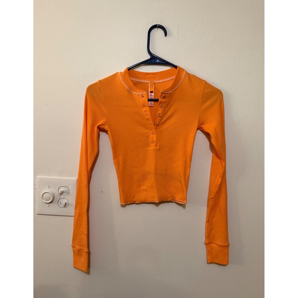 Skims Cotton Rib Cropped Long Sleeve Henley Apricot Size XXS NWOT